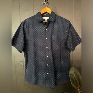 Old Navy blue and white polka dot button up, short sleeve shirt